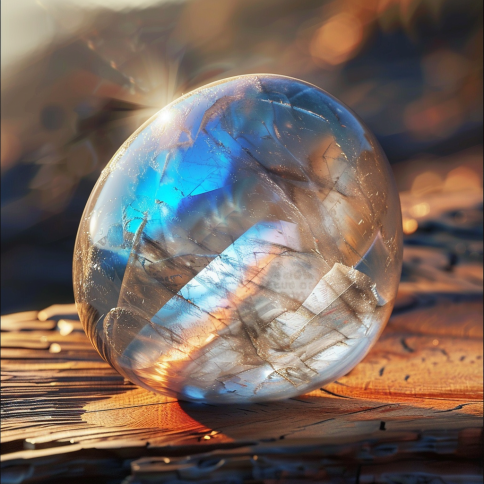 Create a highly realistic, photo-like image of a Moonstone. The Moonstone should be depicted with a translucent, milky appearance, showcasing its natural iridescent hues of blue, white, and silver. Capture the stone in a close-up shot, highlighting its smooth, polished surface and subtle color play under soft lighting. The background should be minimalistic and blurred to keep the focus on the Moonstone, with hints of natural elements like a wooden table or a soft fabric to enhance realism. The overall composition should evoke a sense of natural beauty and purity, ensuring the Moonstone appears authentic and lifelike, as if it were a high-quality photograph.